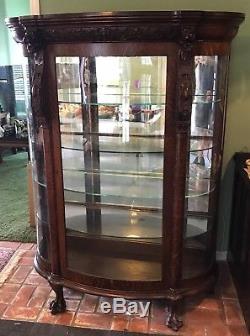 Antique Oak Curio China Cabinet Carved Lion Mirrored Back Glass Shelves Paw Feet