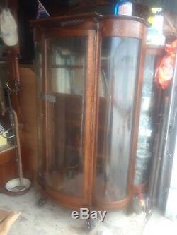 Antique Oak Curved Glass China Cabinet