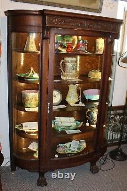 Antique Oak Curved Glass China Cabinet Large Carved Claw Feet