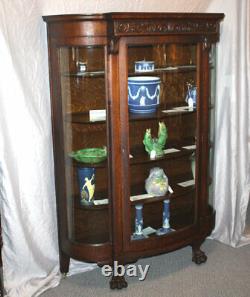 Antique Oak Curved Glass China Cabinet Large Carved Claw Feet