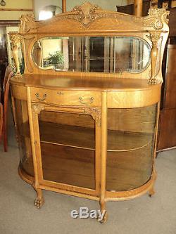 Antique Oak Curved Glass China Cabinet, Lion's Heads, Claw Feet, Beveled Mirror