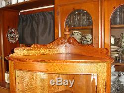 Antique Oak Curved Glass Corner China Curio Cabinet