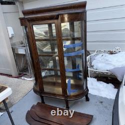 Antique Oak Curved Glass /Mirror Inside China Cabinet Large With Carved Feet