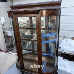 Antique Oak Curved Glass /Mirror Inside China Cabinet Large With Carved Feet