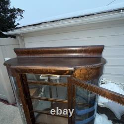 Antique Oak Curved Glass /Mirror Inside China Cabinet Large With Carved Feet