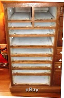 Antique Oak Dental Cabinet 18 Drawers +glass Door Quartersawn