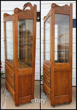 Antique Oak Doctors Medical Cabinet Bevel Mirror Glass China Showcase w Drawers