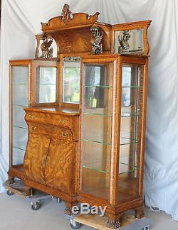 Antique Oak Double China Curio and Buffet Combination Cabinet