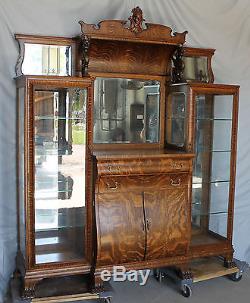 Antique Oak Double China Curio and Buffet Combination Cabinet