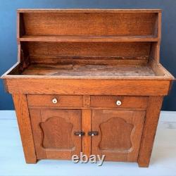 Antique Oak Dry Sink Cabinet with High Back Shelf Primitive Farmhouse Style