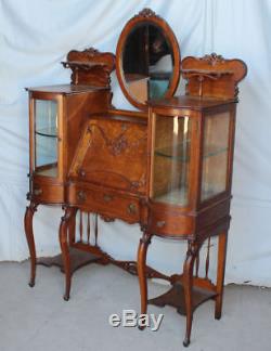 Antique Oak Fancy Ladies Desk with Curio Cabinets