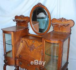 Antique Oak Fancy Ladies Desk with Curio Cabinets