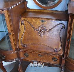 Antique Oak Fancy Ladies Desk with Curio Cabinets