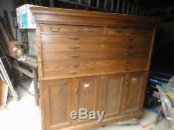 Antique Oak Flat Cabinet Architect Blue Print storage