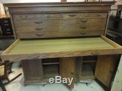 Antique Oak Flat Cabinet Architect Blue Print storage