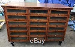Antique Oak General Store Counter With Glass Front Drawers