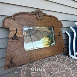 Antique Oak Hall Vebeled Mirror withCoat Hooks