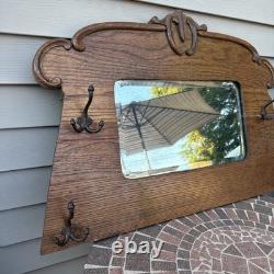 Antique Oak Hall Vebeled Mirror withCoat Hooks
