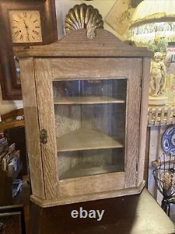 Antique Oak Hanging Corner Cabinet Cupboard Display Hutch Glass Door