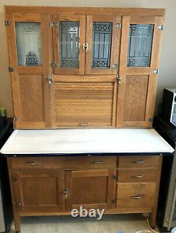 Antique Oak Hoosier Cabinet 1920s Oak with etched glass Sellers American