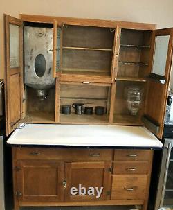 Antique Oak Hoosier Cabinet 1920s Oak with etched glass Sellers American