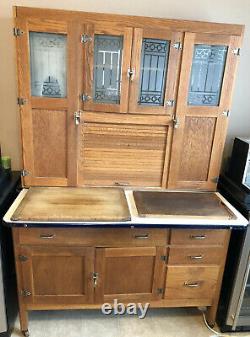 Antique Oak Hoosier Cabinet 1920s Oak with etched glass Sellers American