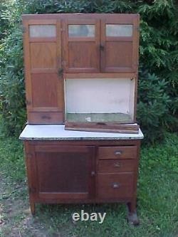 Antique Oak Hoosier Cabinet Orig Flower Bin Hardware Finish Nice Condition