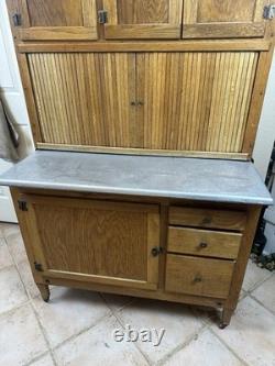 Antique Oak Hoosier Cabinet With Original Flour And Sugar Bins Roll Tambour Zinc