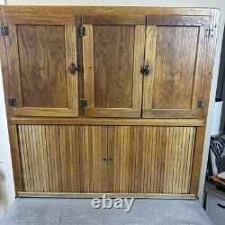 Antique Oak Hoosier Cabinet With Original Flour And Sugar Bins Roll Tambour Zinc