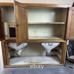Antique Oak Hoosier Cabinet With Original Flour And Sugar Bins Roll Tambour Zinc