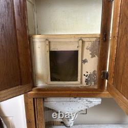 Antique Oak Hoosier Cabinet With Original Flour And Sugar Bins Roll Tambour Zinc