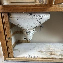 Antique Oak Hoosier Cabinet With Original Flour And Sugar Bins Roll Tambour Zinc
