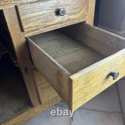 Antique Oak Hoosier Cabinet With Original Flour And Sugar Bins Roll Tambour Zinc