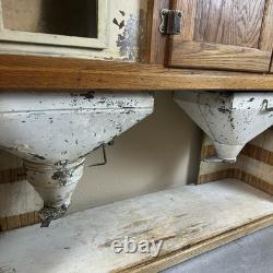 Antique Oak Hoosier Cabinet With Original Flour And Sugar Bins Roll Tambour Zinc