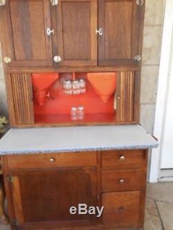 Antique Oak Hoosier Style Cabinet with 9 spice jars