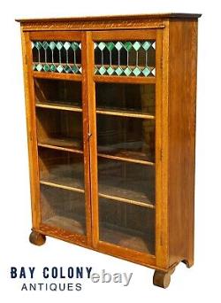 Antique Oak Larkin Bookcase / China Cabinet With Green Stained Glass Doors