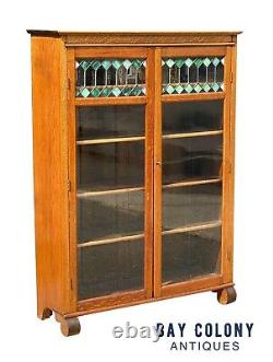 Antique Oak Larkin Bookcase / China Cabinet With Green Stained Glass Doors