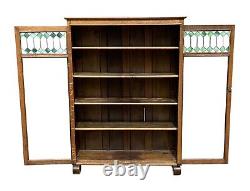 Antique Oak Larkin Bookcase / China Cabinet With Green Stained Glass Doors