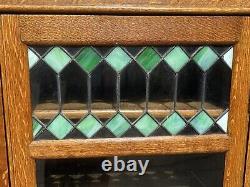 Antique Oak Larkin Bookcase / China Cabinet With Green Stained Glass Doors