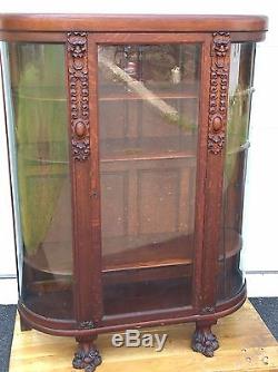 Antique Oak Lion face Carved Curved Glass China Display Cabinet Vintage paw foot