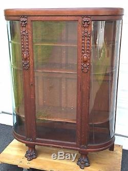 Antique Oak Lion face Carved Curved Glass China Display Cabinet Vintage paw foot