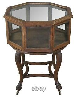 Antique Oak Octagonal Rotating Showcase Vitrine Bijouterie Display Cabinet Table