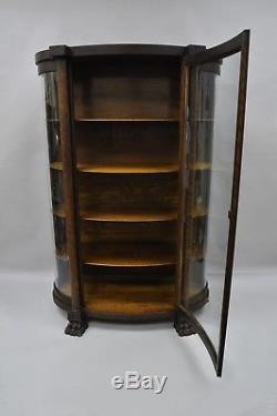 Antique Oak Paw Feet Curved Triple Bow Front Glass China Cabinet Curio Bookcase