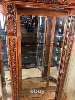 Antique Oak RJ Horner Serpentine Glass China Cabinet with lion heads