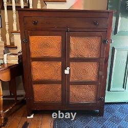Antique Oak Rustic Pie Safe with Punched Tin Door Panels Painted Copper 1 Drawer