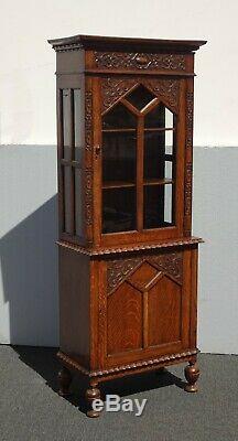 Antique Oak Spanish Style Curio Display Cabinet w Storage French Country