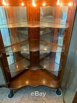 Antique Oak Victorian Lighted Curved Glass Corner Curio Cabinet