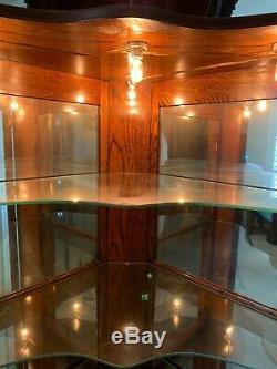 Antique Oak Victorian Lighted Curved Glass Corner Curio Cabinet