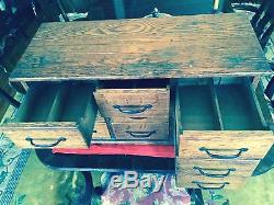 Antique Oak Wood 9 Drawer Desk Top Filing Cabinet
