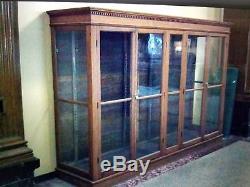 Antique Oak Wood & Glass Display Case Cabinet Circa 1900's Green Glass Shelves